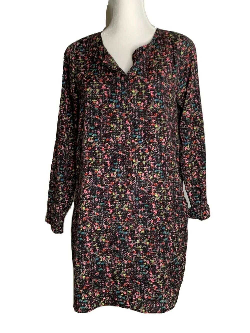 19 Cooper Women Split Neck Shift Mini Dress Long Sleeve black pink Print Sz M
